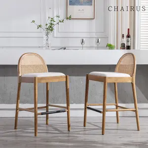 CHAIRUS  Modern White Rattan Counter Stools Set of 2, 26 Inch Height - Wooden Sherpa Upholstered Bar Stools Barstool with Oval Rattan Backrest - Armless Kitchen Island Stool Chair