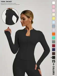 Women's Plain Thumb Hole Long Sleeve Stand Collar Jacket, High Elasticity Slim Fit, Lightweight Breathable, Ideal for Daily Wear, Running, Yoga, Yoga Jackets