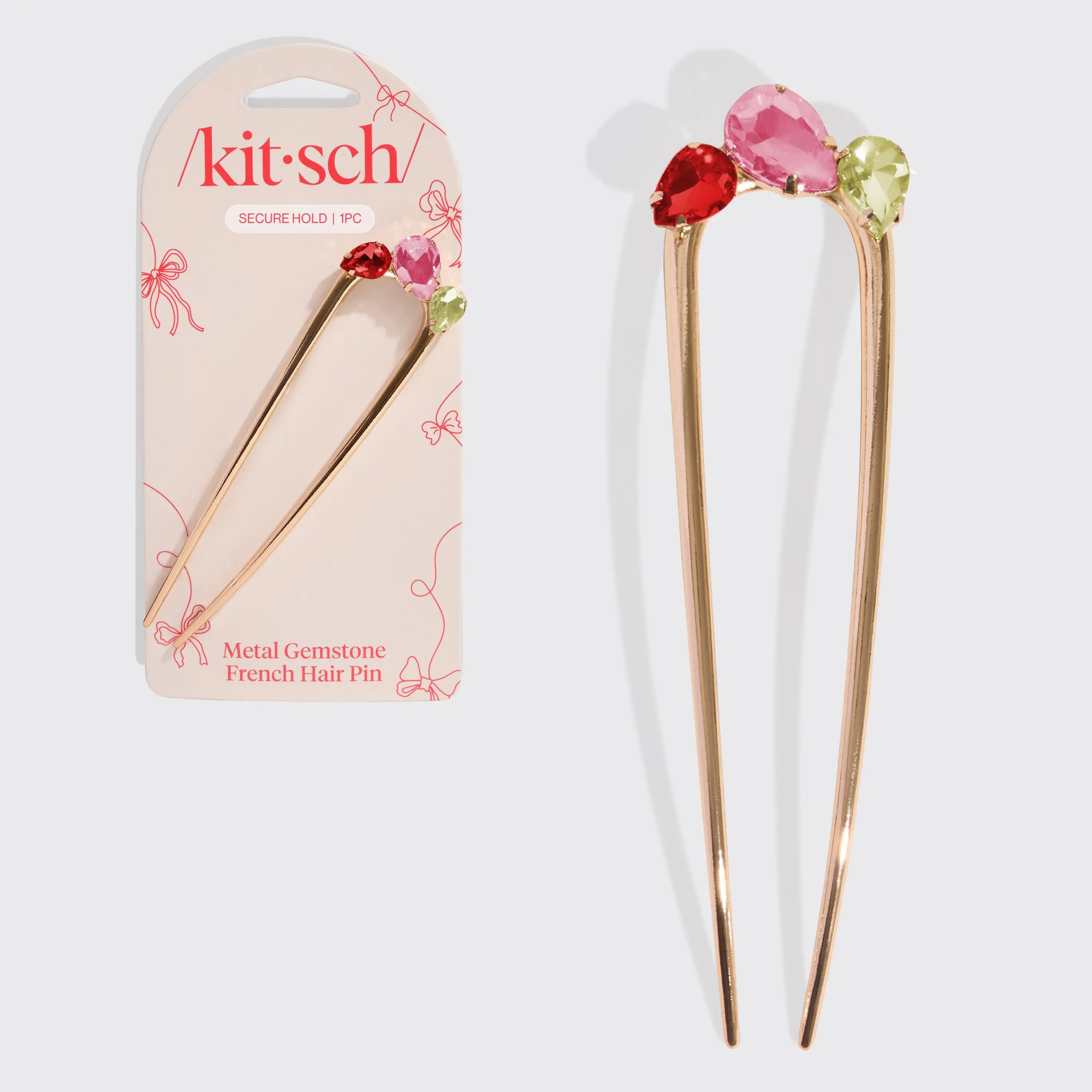 Metal Gemstone French Hair Pin - Red, Pink, & Green