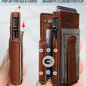 1 pc Men's ultra-thin leather pop-up card holder wallet - RFID anti-theft double-fold design, can accommodate 9-13 cards, with ID window and cash slot