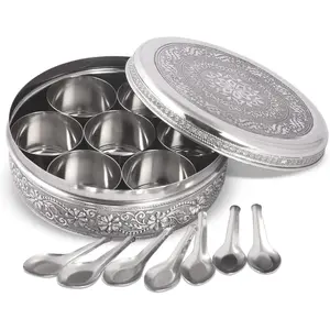Designer  Container Masala Dabba, 7  Jars, Holds 7 Spices,  Container Box, Polished Stainless Steel with 7 Serving Spoons, Indian Masala Dabba with Lid, 8 Inch