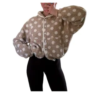 Womens Fleece Fuzzy Jacket Polka Dot Long Sleeve Winter Fluffy Coats Button Down Sherpa Cardigan Outerwear Casual Tops