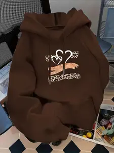 Women's Casual Fashion Hoodie Heart Pattern Print Kangaroo Pocket Drawstring, Fall & Winter Clothing, Perfect Valentine's Gift