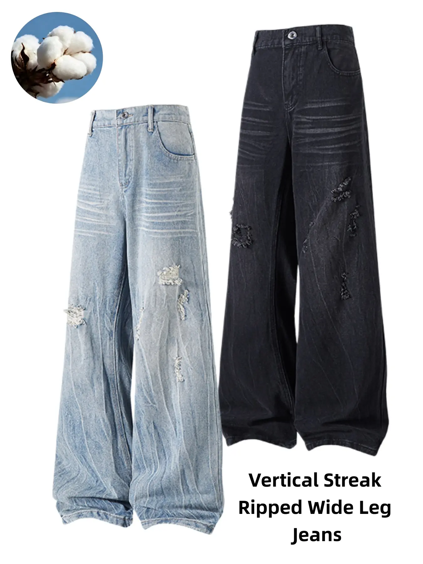 Men's Vertical Streak Ripped Wide Leg Jeans, Vintage Vertical Wash Distressed Baggy Denim Pants, Frayed Rip Detail Loose Streetwear Trousers, Elastic Back Waist Oversized Grunge Denim Bottoms For Skater Hip Hop Urban Trendy Outfits