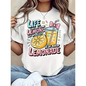 Women's Fun Christian Faith T-Shirt- "Life Gave Me Lemons, But Jesus Made Lemonade" Bible Verse Design with Lemon and Lemonade Print, Breathable Short Sleeve Round Neck Casual Top, Light Yellow Inspirational Christian Clothing Printed