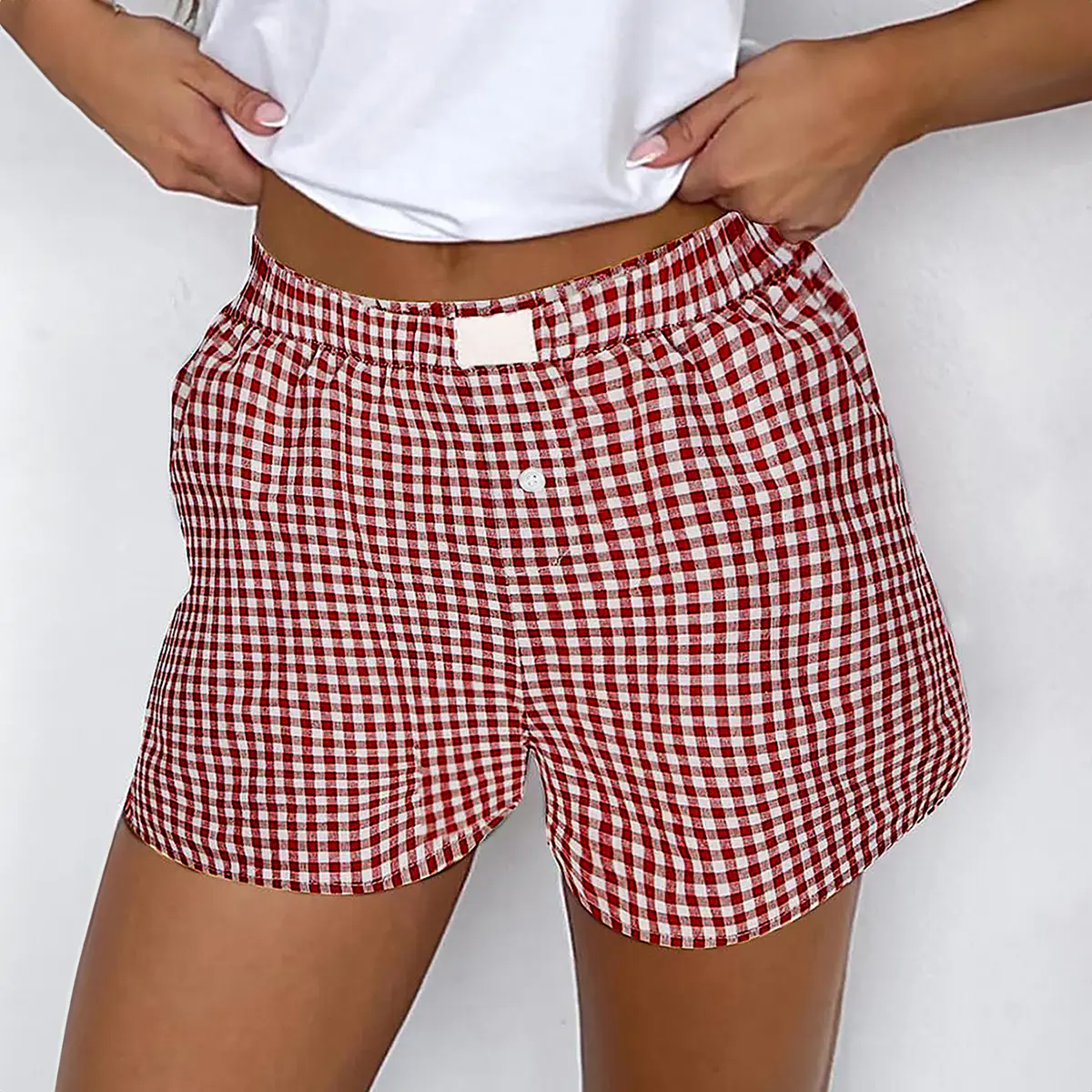 Red Plaid Gingham Printed High Waist Shorts Red Plaid Gingham Printed High Waist Shorts
