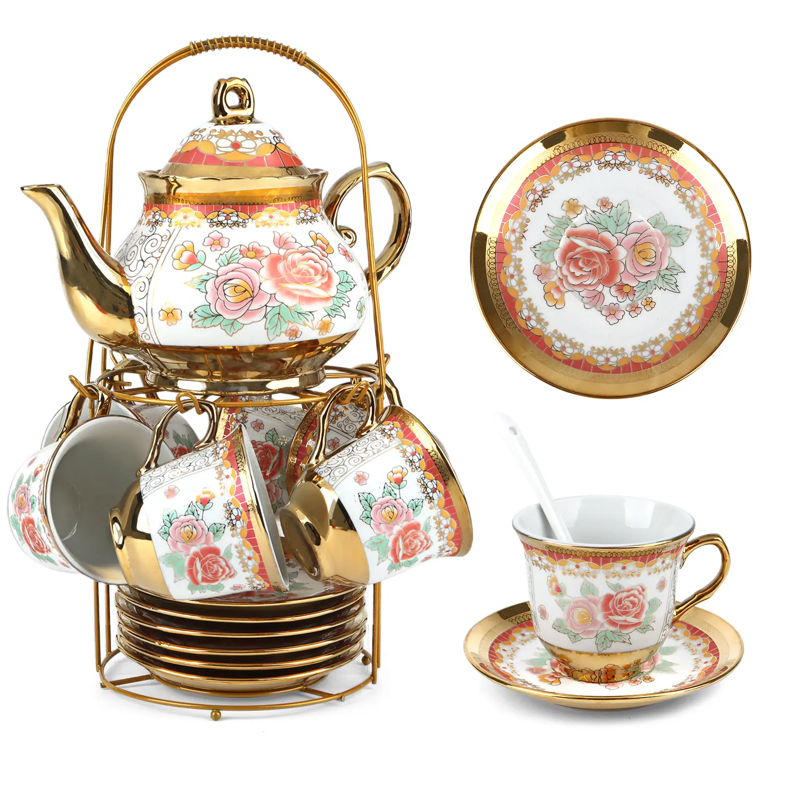 20-Pcs Complete Porcelain Tea Set - European French Country Style, Metal Holder, Gold Trim, Cup & Saucer, Adult Kitchenware, Coffee Tea Gift for Parties, Complete Tea Set