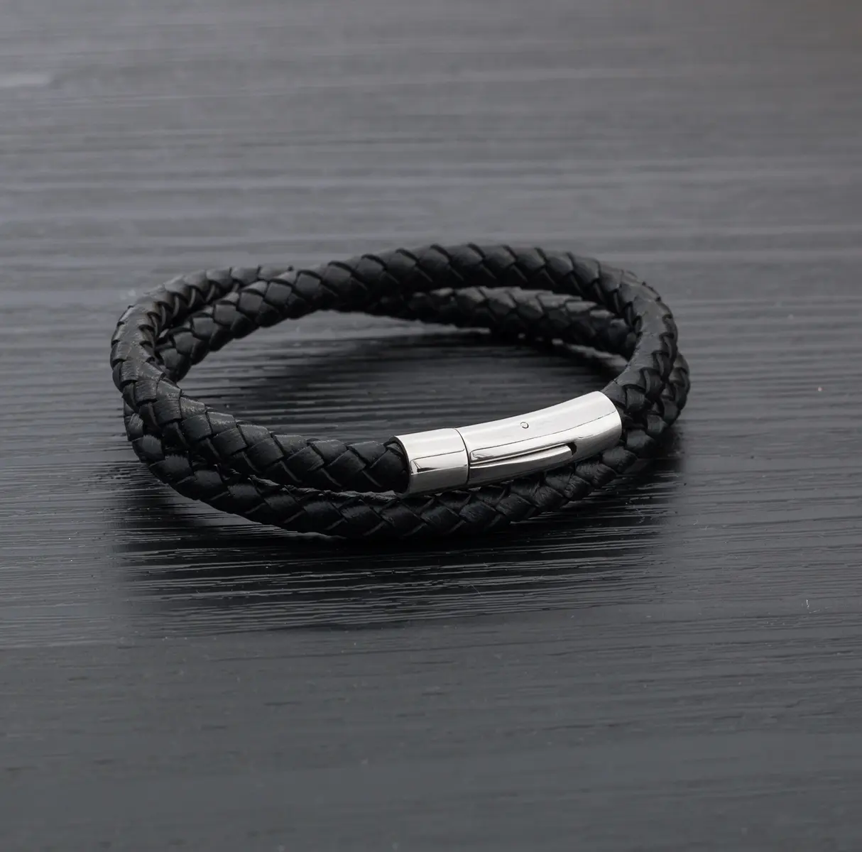 Premium Made Double Row Genuine Leather Braided Bracelet Push-Button Clasp 16 inches