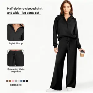 2 Piece Outfits 2025 Fall Fashion Airport Wide Leg Pants Lounge Set Leisure Travel Vacation Clothes Sweatsuits Workout Set for gym stuff women autumn winter