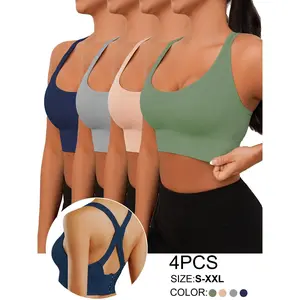 4-Pack  Women's Seamless Sports Bra-Adjustable, Comfortable and Breathable, with Cross Straps, Shockproof Support, Suitable for Yoga and Exercise, Navy Blue, Beige, Gray and Green,Women's underwear for all seasons, a Valentine's Day gift