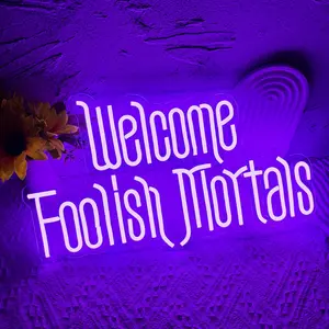Welcome Foolish Mortals Halloween Neon Sign, Dimmable LED Coffin Wall Decor with Glowing LED for Haunted House, Halloween Party, and Birthday Gifts