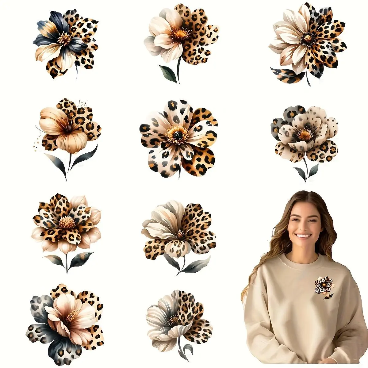 12pcs/set Leopard Print Floral Iron-On Transfers - Washable DIY Vinyl Heat Transfer Decals for T-Shirts, Masks, Jeans, Backpacks - Vibrant Vinyl Designs with Leopard & Floral Patterns