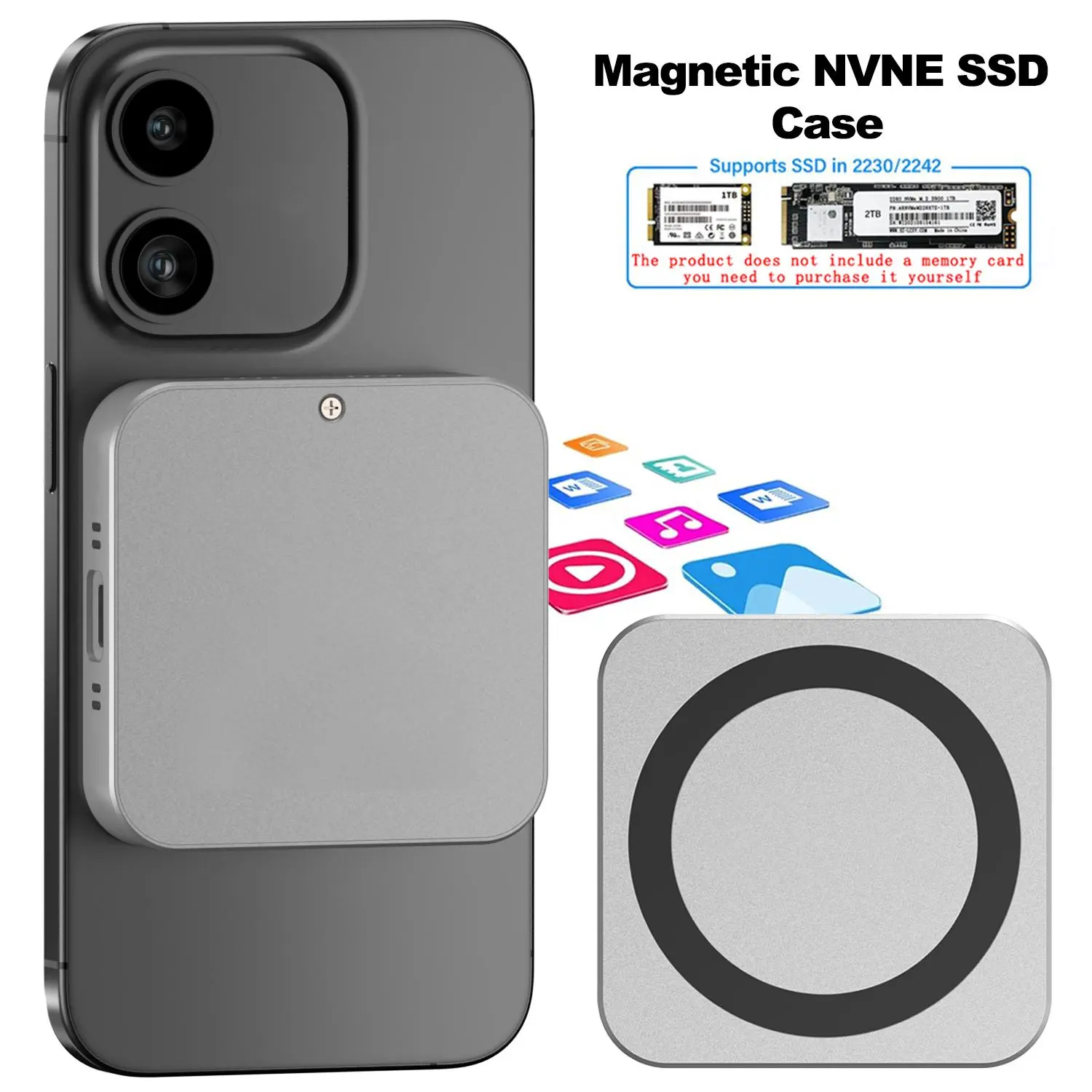 Magnetic Mobile Hard Drive, Portable Ssd Harddrive, External Solid-state Drive Enclosure, Type-C Interface External Hard Drive Enclosure for Apple 15 Pro & Above Models, External Data Storage