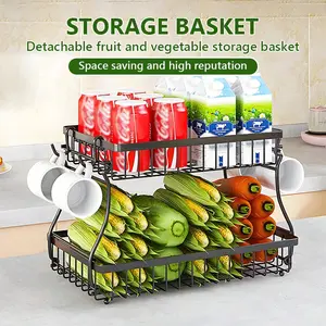 2 Tier Fruit Vegetable Basket, Detachable Countertop Fruit Vegetable Basket Bowl For Kitchen Counter Metal Wire Fruits Storage Stand Holder Organizer For Bread Snack Veggies Produce