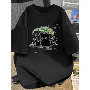 Y2K-Inspired Cute Cat & Bird Cartoon Print Short Sleeve T-Shirt for Women - Slim Fit, Breathable, Crew Neck, Perfect for Spring/Summer/Fall, Casual Summer Top | Playful Print | Glossy Fabri Black 