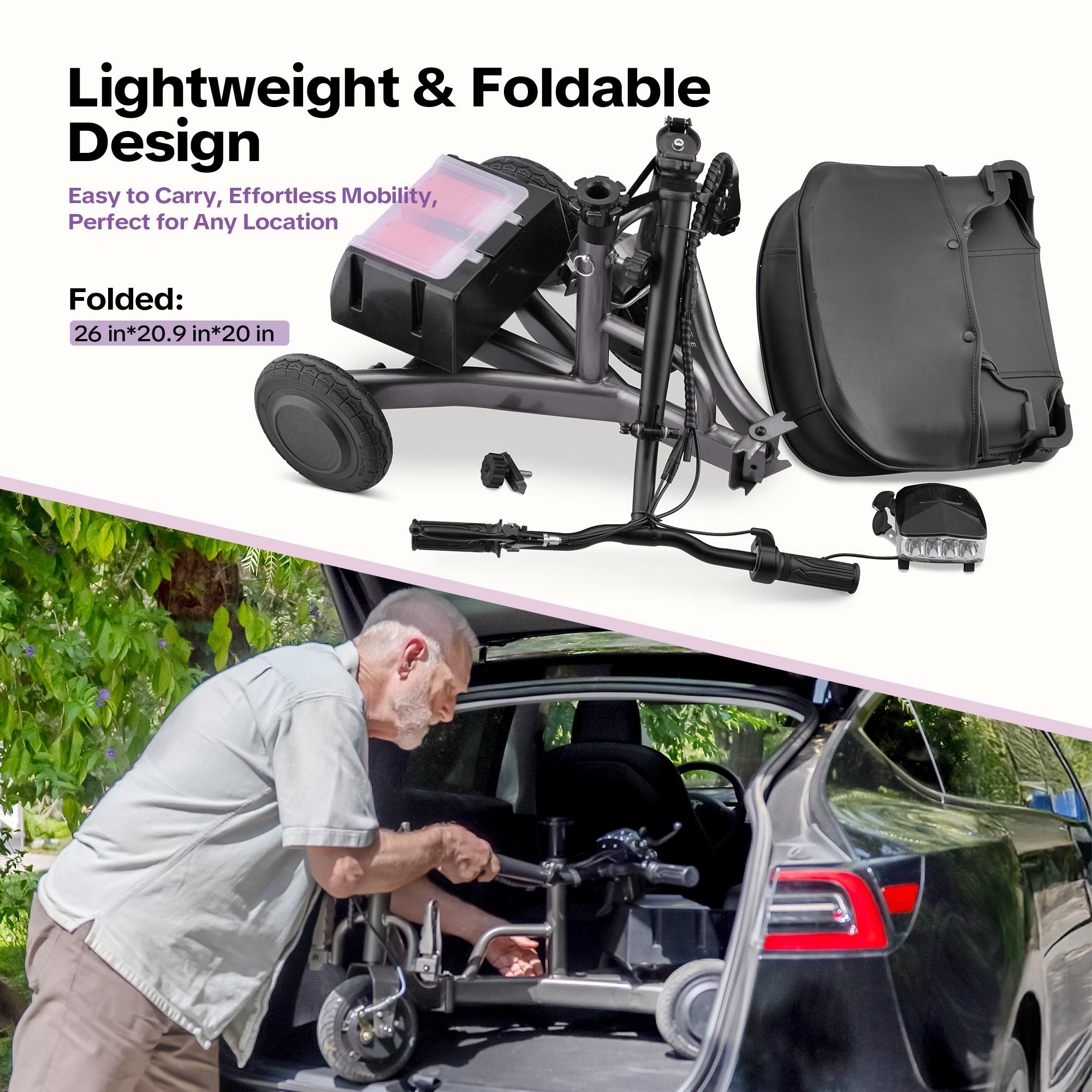 Lightweight Foldable Mobility Scooter for Seniors, 3-Wheel Electric Powered Scooter with Dual Removable Batteries, Adjustable 360° Seat, Basket & LED Light, 300lbs Capacity