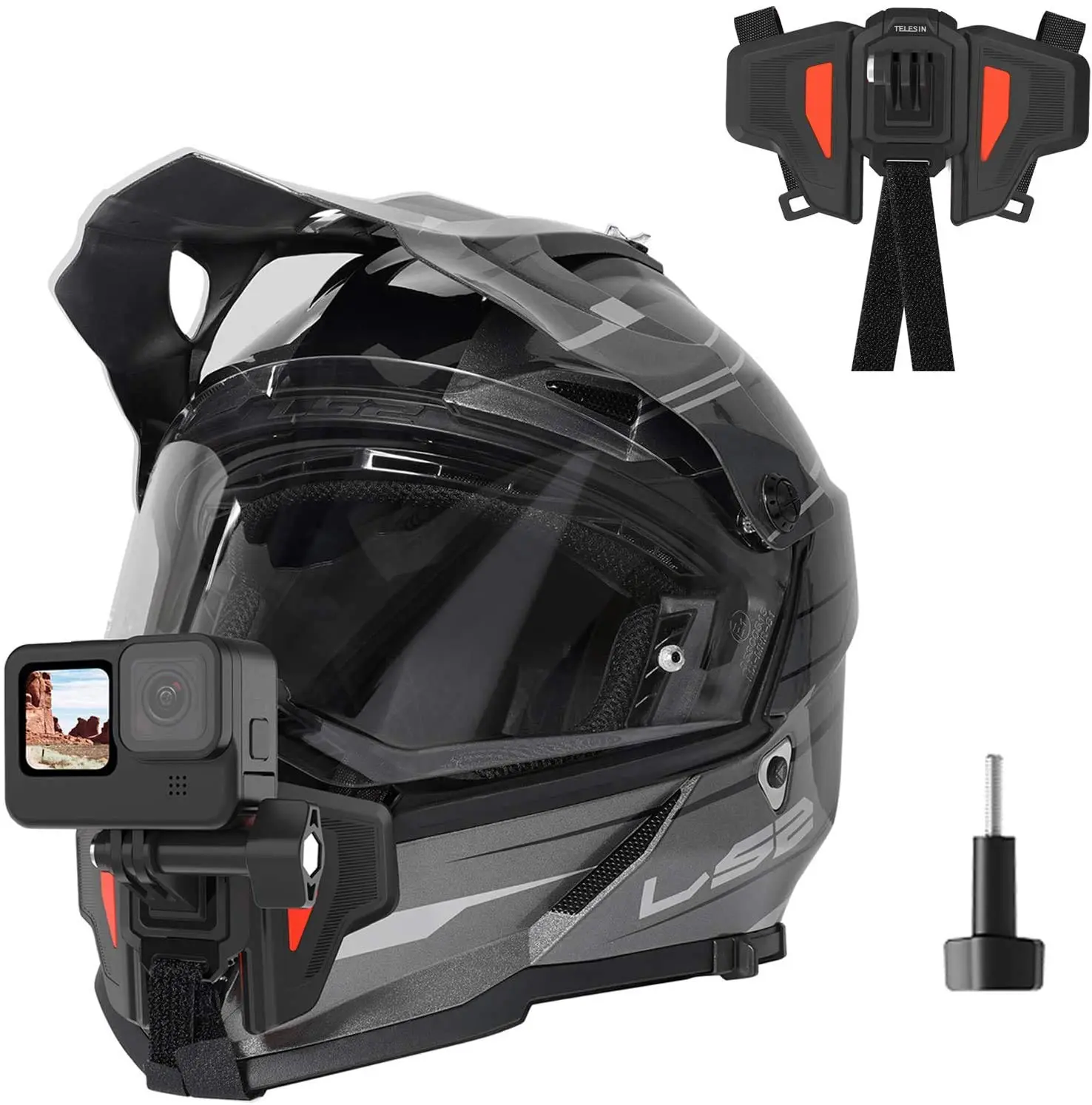 TELESIN Motorcycle Helmet Chin Mount Strap Clamp for 360 Action Cameras, GoPro Hero 13/12/11/10/9/8, DJI Osmo Action 5/4/3 Pocket 3, Insta360 X5/X4/X3/ACE/GO 3, Akaso – Perfect for Dirt Bike, Motorcycle, Cycling, Motovlog, Adventure Vlogging