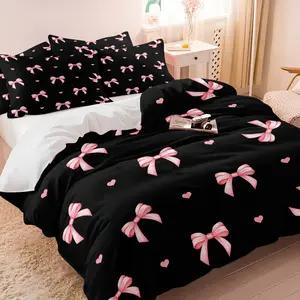 Black and pink bedding with bow and heart print, duvet cover and pillowcase set, a sweet and cool girly bedroom decor, Soft Bedding Sets