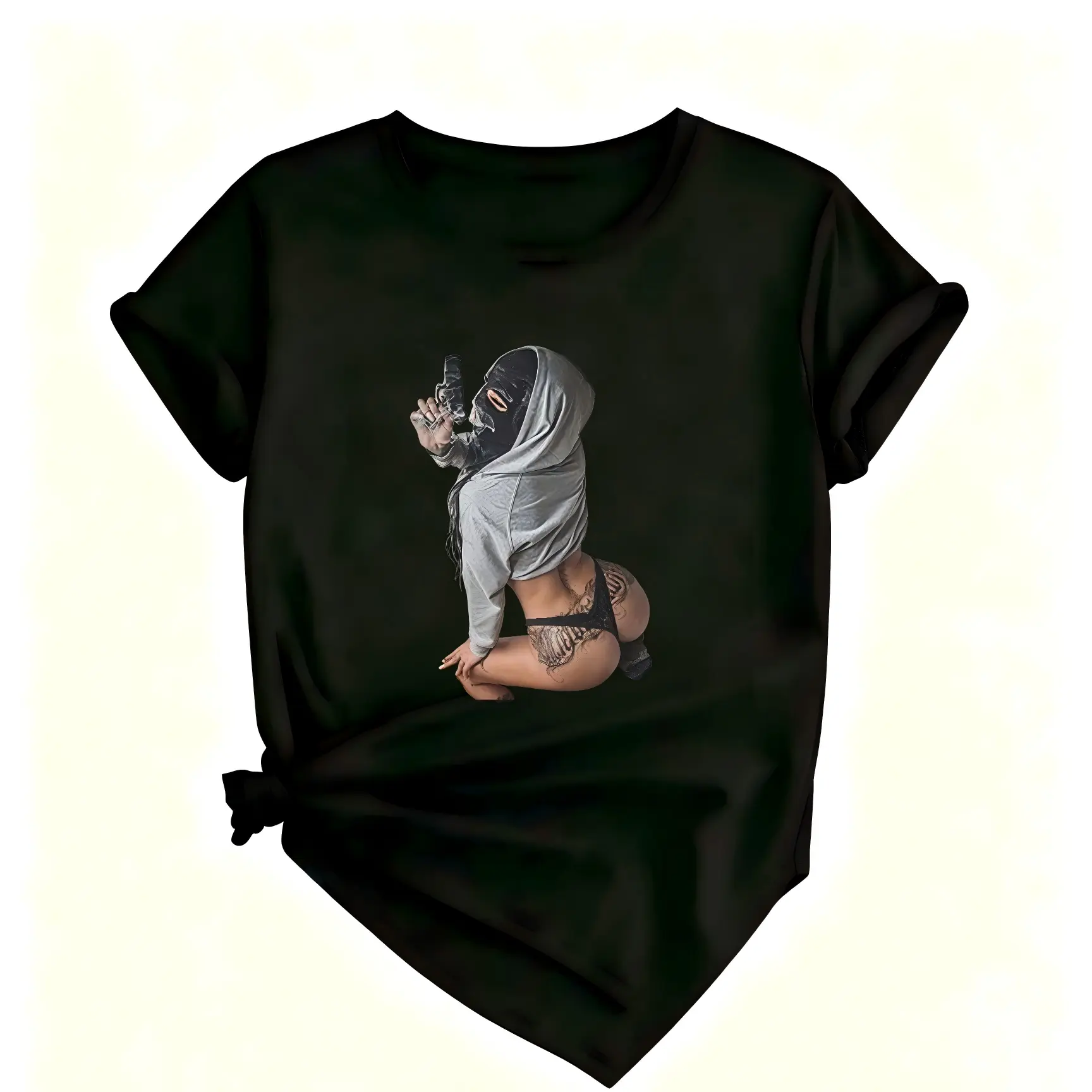 Unisex Funny Graphic T-Shirt, Masked Baddie Tattoo Girl Graphic T-Shirt Men Women Vintage Streetwear Short Sleeve Tee,Vintage Ski Mask Girl Gun Print T Shirt Dark Aesthetic Unisex Casual Street Graphic Tee