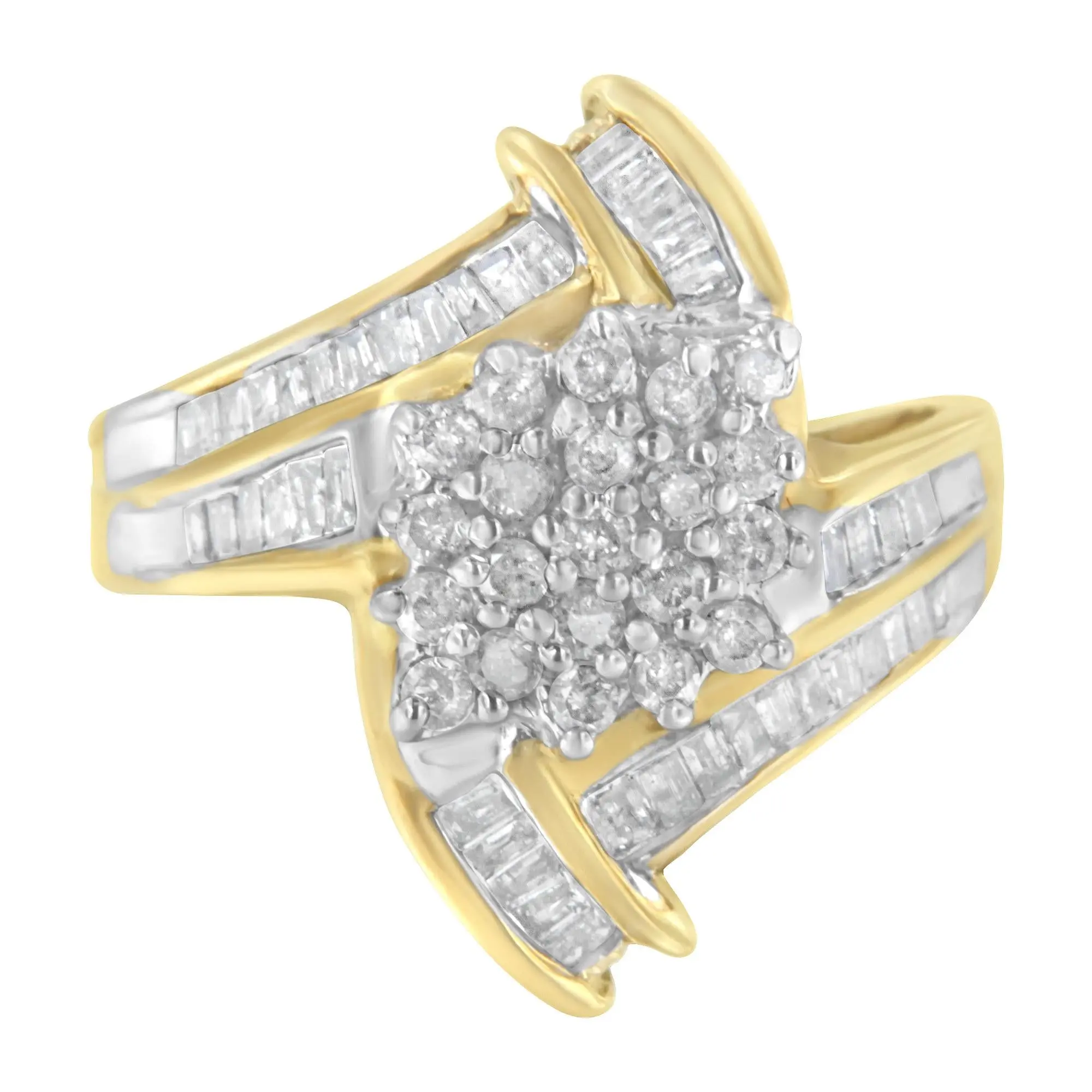 10K Yellow Gold Round and Baguette-Cut Diamond Bypass Cluster Ring (1.