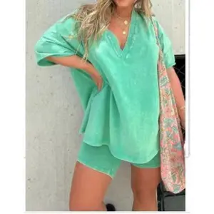 2-piece set, 2025 summer women's fashionable and casual two-piece set, short sleeved and shorts set, loose and comfortable Breathable Womenswear