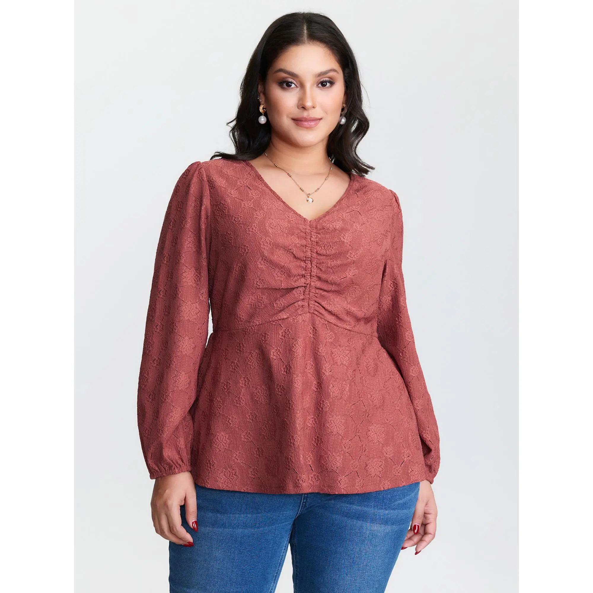 BloomChic Lady's Plus Size Regular V-Neck Long Sleeve Blouse - Ruched Bodice, Textured Spandex-Polyester Knit, Adjustable Fit, Classic Everyday Solid Clothes, Machine Wash, M-6X, 2026 Summer Deals, Casual Shirts, 22-24/3X,26/4X,28/5X,30/6X