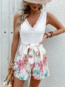 Women's Floral Print Tank Romper, Casual Sleeveless Breathable Romper for Summer, Women's Clothes for Daily Wear, Womenswear