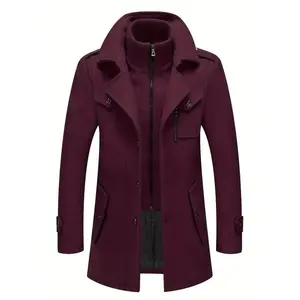 Men's Stand Collar Wool Blend Pea Coats With Removable Inner Collar Single Breasted Overcoat,Suitable for Autumn and Winter Seasons