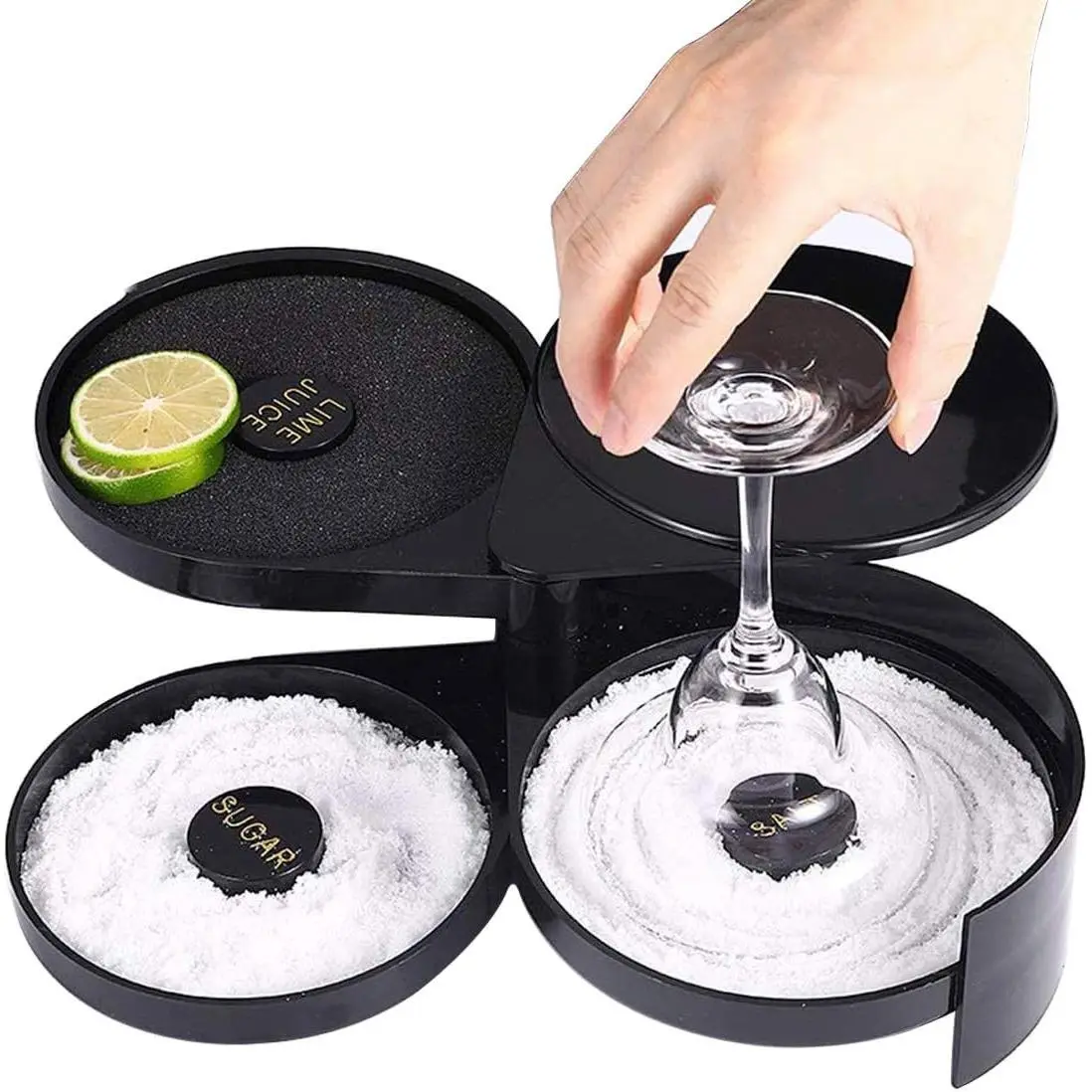 3-Tier Bar Glass Rimmer - Durable Food-Safe ABS Plastic Bartender Tool with Labeled Trays for Each Tier, Salt/Spice Container for Margaritas, Cocktails - Ideal for Bartenders, Home Bars, Resorts, Hotels