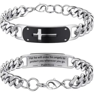 Cross Bracelet for Men Boys, Stainless Steel Cuban Cross Chain Link Bracelets Bible Verse Christian Cool Jewelry Graduation Gifts for Kids Teen Boy 7.5-8.5 Inches