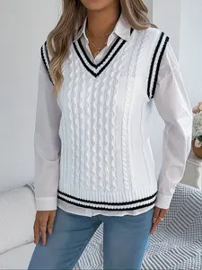 Women's Colorblock V Neck Knit Vest, Preppy Style, Lightweight Vintage Design, Perfect for Spring/autumn/winter Seasons