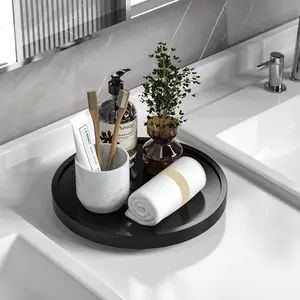 Silicone Bathroom Tray Round Vanity Tray Decorative Soap Holder Kitchen Sponge and Soap Bathroom Coffee Table Decorative,Perfume, Plant, 10 Inch, Black