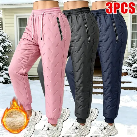 JOGWAVE Women's 3-Piece Winter Athletic Full-Length Polyester High-Waisted Pants - Fleece-Lined Warm Joggers, Cold-Resistant Thermal Sweatpants with Zippered Side Pockets for Park Walks