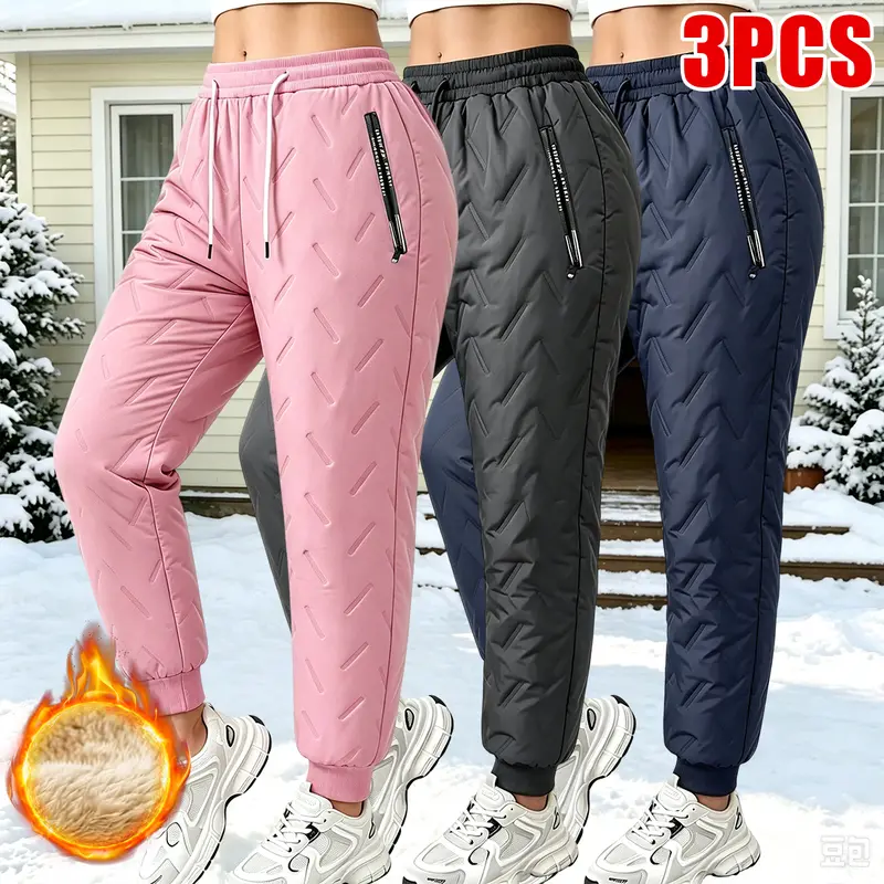 JOGWAVE Women's 3-Piece Winter Athletic Full-Length Polyester High-Waisted Pants - Fleece-Lined Warm Joggers, Cold-Resistant Thermal Sweatpants with Zippered Side Pockets for Park Walks