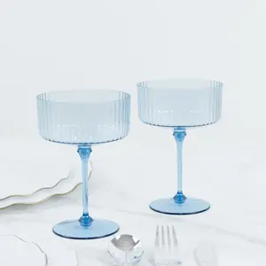 24-Pack Premium Disposable Cocktail Glasses – 10oz Dusty Blue Ribbed Plastic Coupe Champagne Cups with Detachable Stem & Base – Party & Event Drinkware