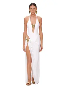 Women's Solid Color Halter One-piece Swimsuit & High Slit Skirt Set, Halter Bathing Suit, Casual Fashion Chic Swimwear Set for Beach Holiday Vacation, Ladies Swimsuit for All Seasons