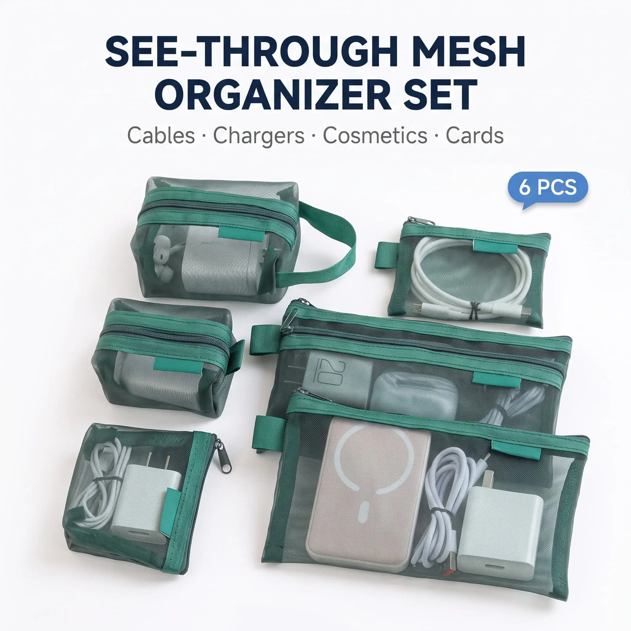 Mesh Organizer Pouches 6 Pack, See-Through Nylon Travel Bags for Cables, Makeup & Daily Essentials, Green/Purple