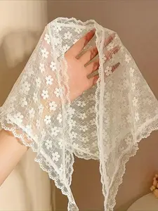 1pc French Lace Triangle Scarf - Vintage White Floral Headband with Delicate Floral Pattern, Sweet Country Style Women's Hair Accessories for Lace Sheer Shawl