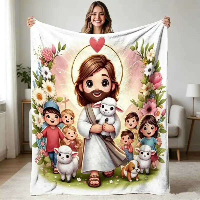Jesus with Lambs, Flannel Blanket Soft, Warm, Cute Design Printed Pattern, for Living Room, Bedroom, Sofa, AllSeason Use, Halloween | christmas | room decor | fall decorations for home, Cozy Blanket, Contemporary Style, Decorative Throw