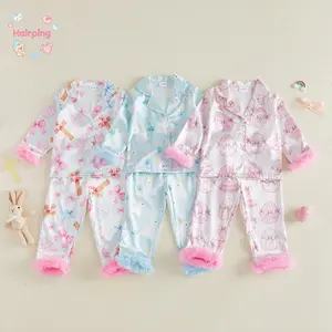 Toddler Girl Easter Satin Pajama Set, Bunny & Egg Print Long Sleeve Button-Down Top and Pants with Fuzzy Cuffs, Cute Soft Sleepwear for Spring Holiday & Daily Wear