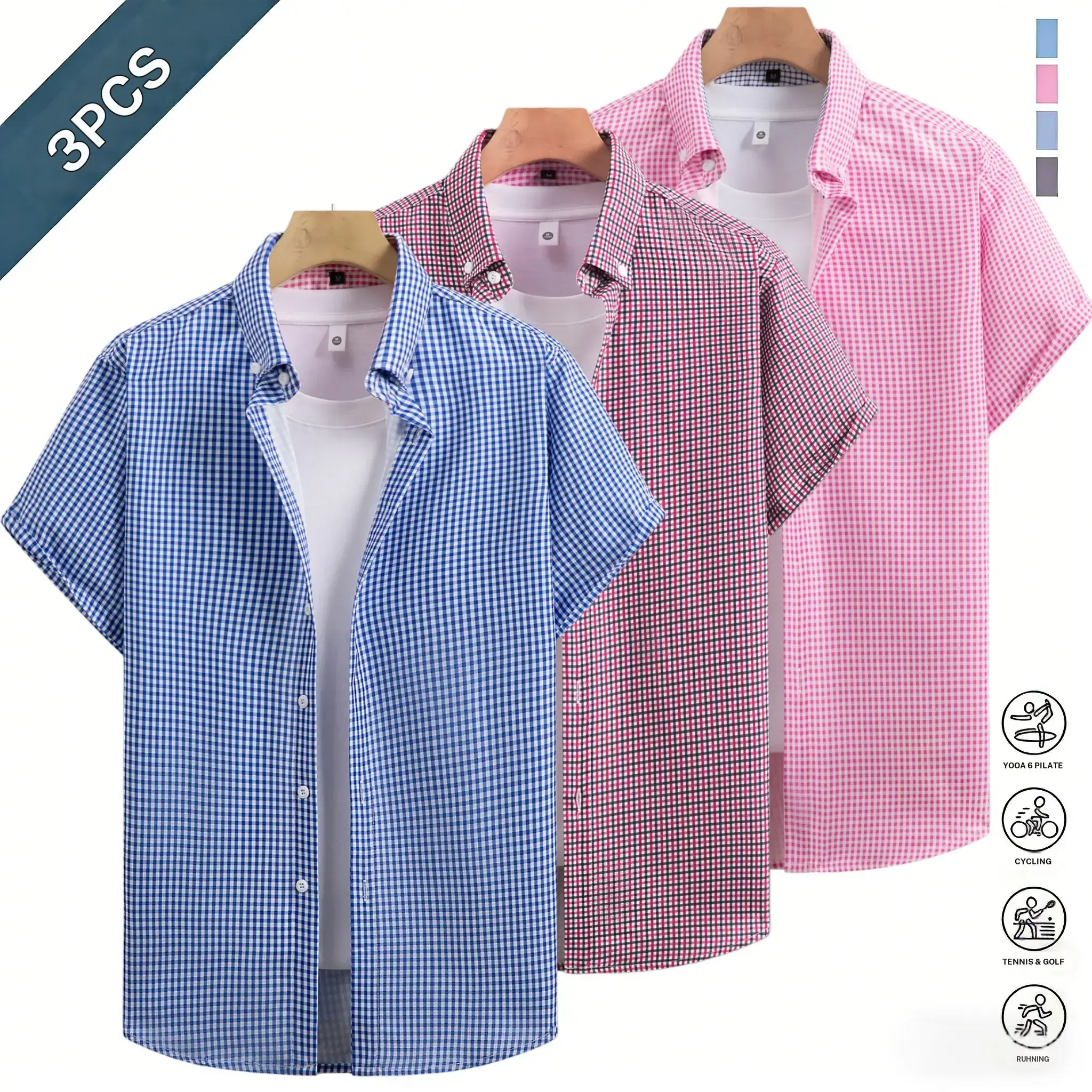 Three plaid men’s short sleeve shirts in a business casual style featuring a classic notched collar design that is sharp and well structured. A pink and white plaid contrast collar adds refined details, while white front buttons enhance the texture. The s