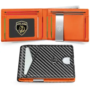 VTLASK Men's ultra-thin wallet/Leather wallet men's wallet /RFID shielded front pocket double-fold wallet/Thin credit card with gift box, carbon black and orange,/ modern