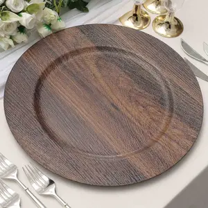 10 Pack | 13" Dark Brown Boho Chic Faux Wood Plastic Charger Plates, Round Rustic Wedding Party Service Plates
