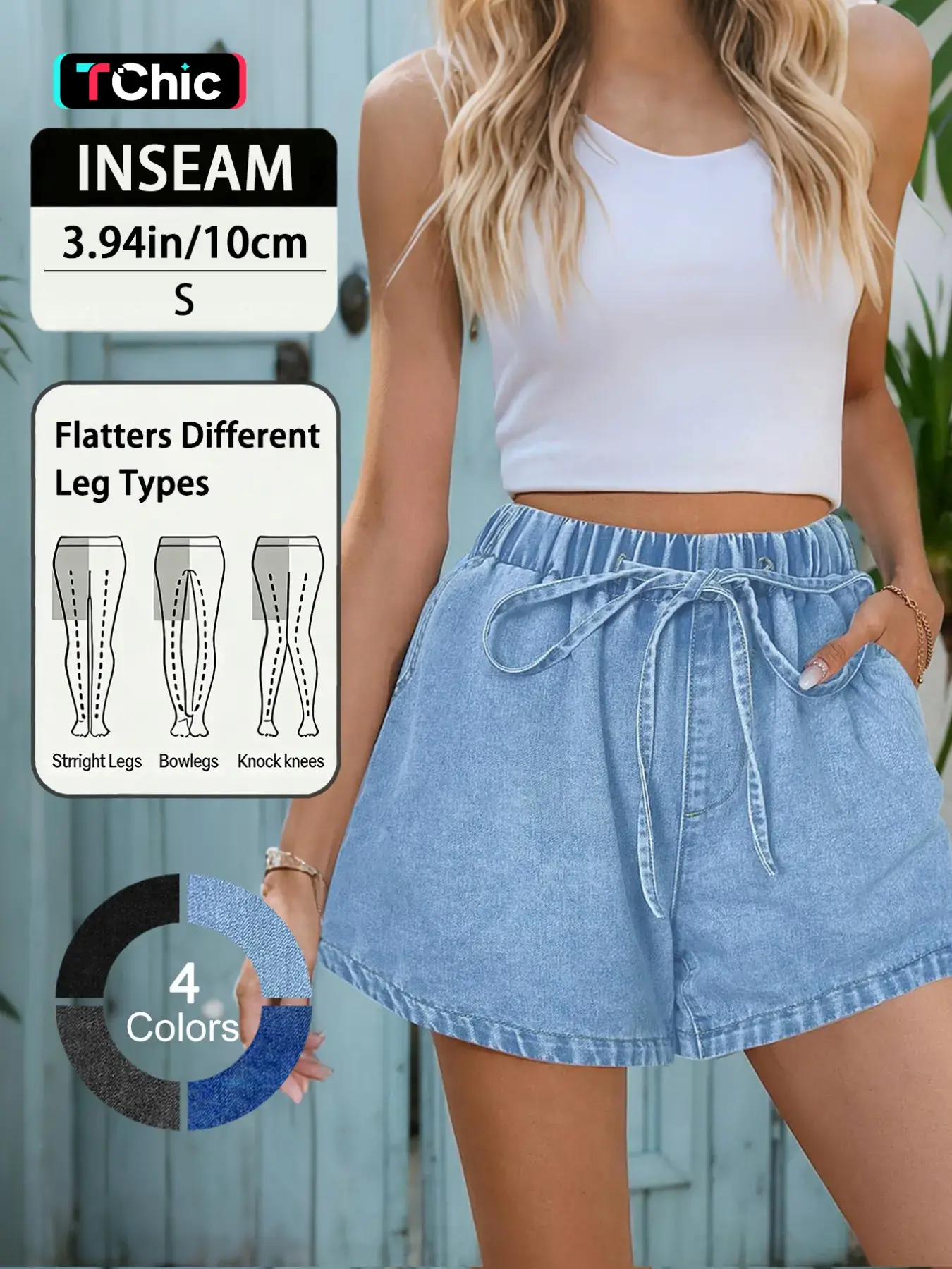 Elegant Summer High Waist Loose Fit A-Line Denim Shorts, Women's Comfortable Elastic Waist Slimming Jeans, Fashionable Casual Wear Drawstrings Shorts