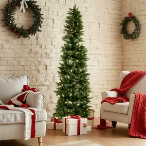 Pre-Lit Slim Pencil Christmas Tree 4.5-9ft Artificial Xmas Tree with Warm White LED Lights 8 Modes Simulated Branches Foldable Metal Stand for Small Spaces