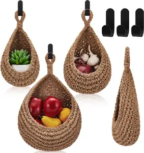 Boho Hanging Wall Baskets 3 Pack Teardrop Storage for Kitchen, Fruit & Vegetable Organizer with Hooks