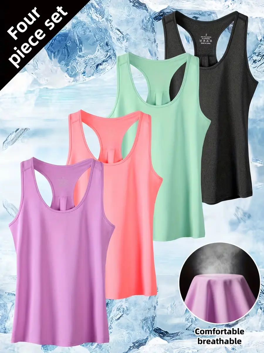 4 Pcs/Pack Women's Summer Racerback Tank Tops - Breathable Quick Dry Activewear bra sport sporty t shirt summerwins,summerwins Gymclothes Sleeveless Vest,travel essentials,camping essentials