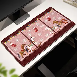 Premium Christmas Carousel Horses With Snowflakes And Festive Stockings Illustration High Quality Mouse Pad Modern Office Gaming Comfort Experience Non Slip Durable For Daily Work And Play  40*80 Size.
