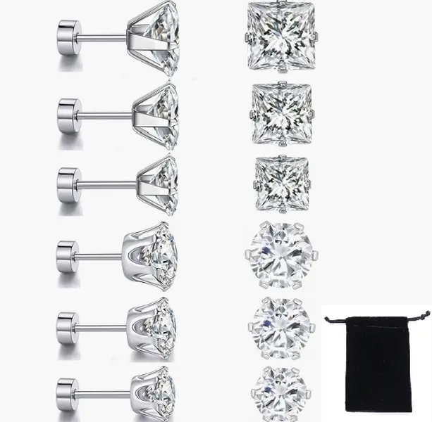 Flat Back Earrings Set – Hypoallergenic Titanium/Surgical Steel Studs with Round & Princess Cut Cubic Zirconia – Screw Back CZ Earrings for Women & Men, Comfortable for Sleeping