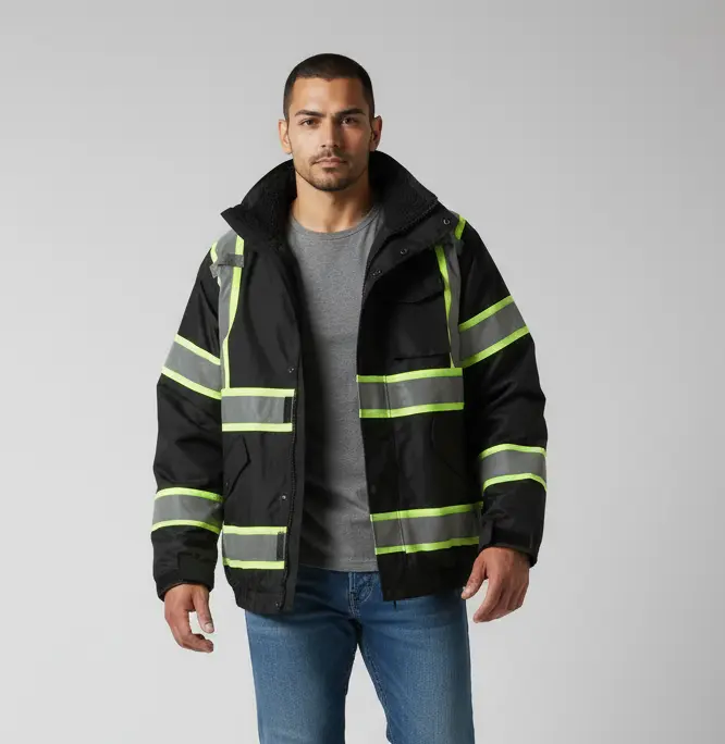 Reflective Waterproof Safety Jacket with Sherpa Lining High Visibility Water Resistant for Outdoor Activities in Rainy Conditions